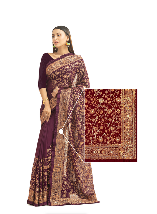 0020 Georgette Embroidery Party Saree - Maroon