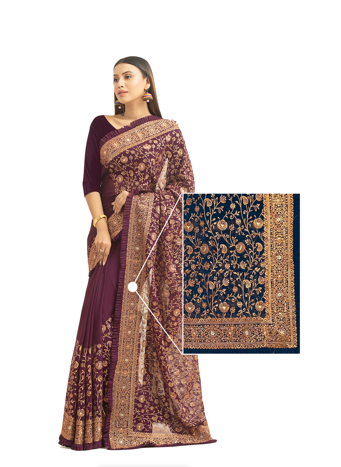 0022 Georgette Embroidery Party Saree - Deep Navy