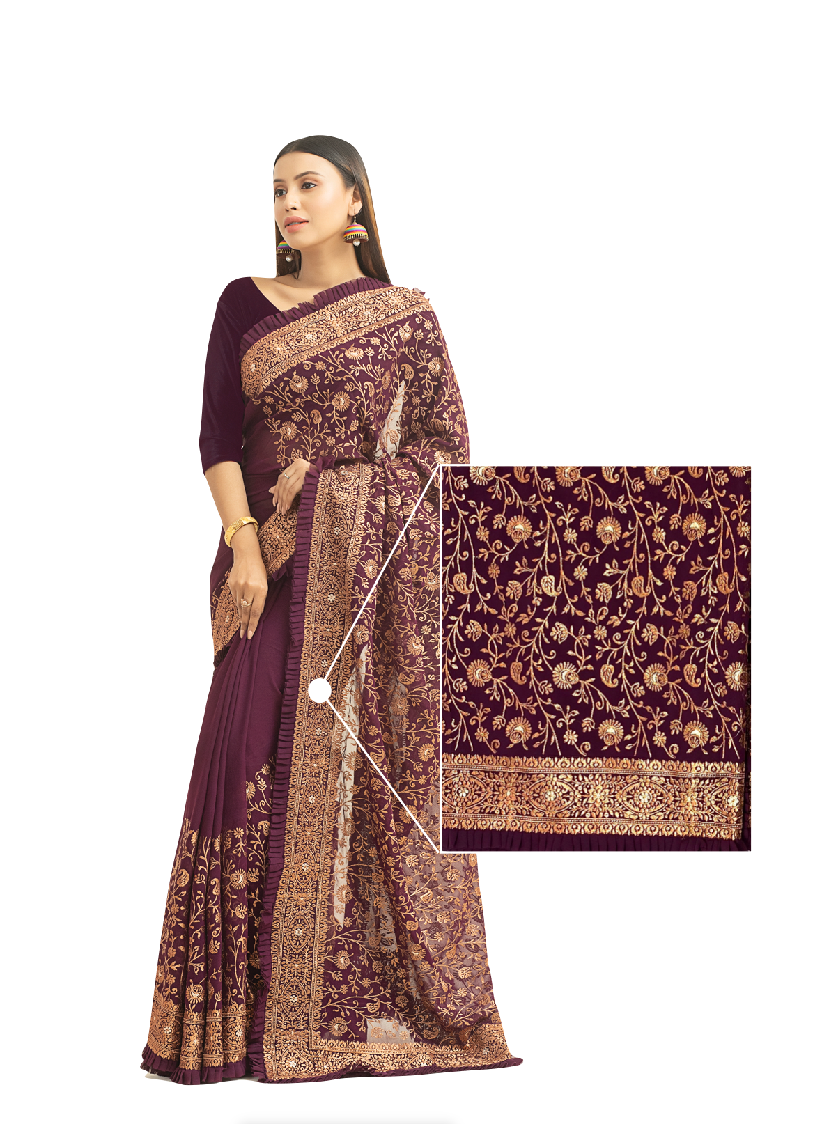 0021 Georgette Embroidery Party Saree - Coffee