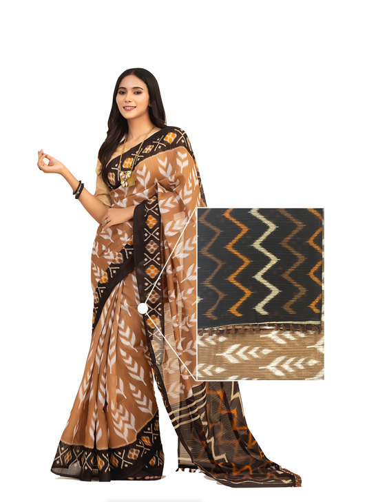 0038 Ikkat Printed Silk Saree - Beige