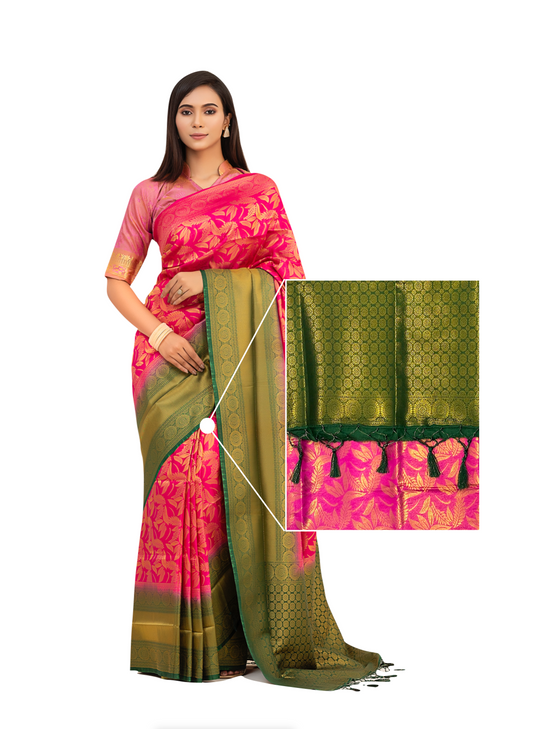 0049 Banarasi Katan Saree - Pink and Forest Green