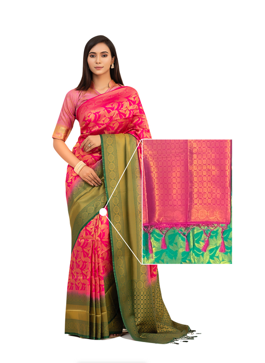 0050 Banarasi Katan Saree - Pink and Pastel Green