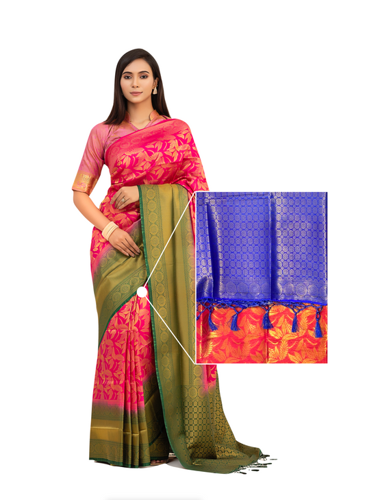 0052 Banarasi Katan Saree - Lapis Blue and Tangerine