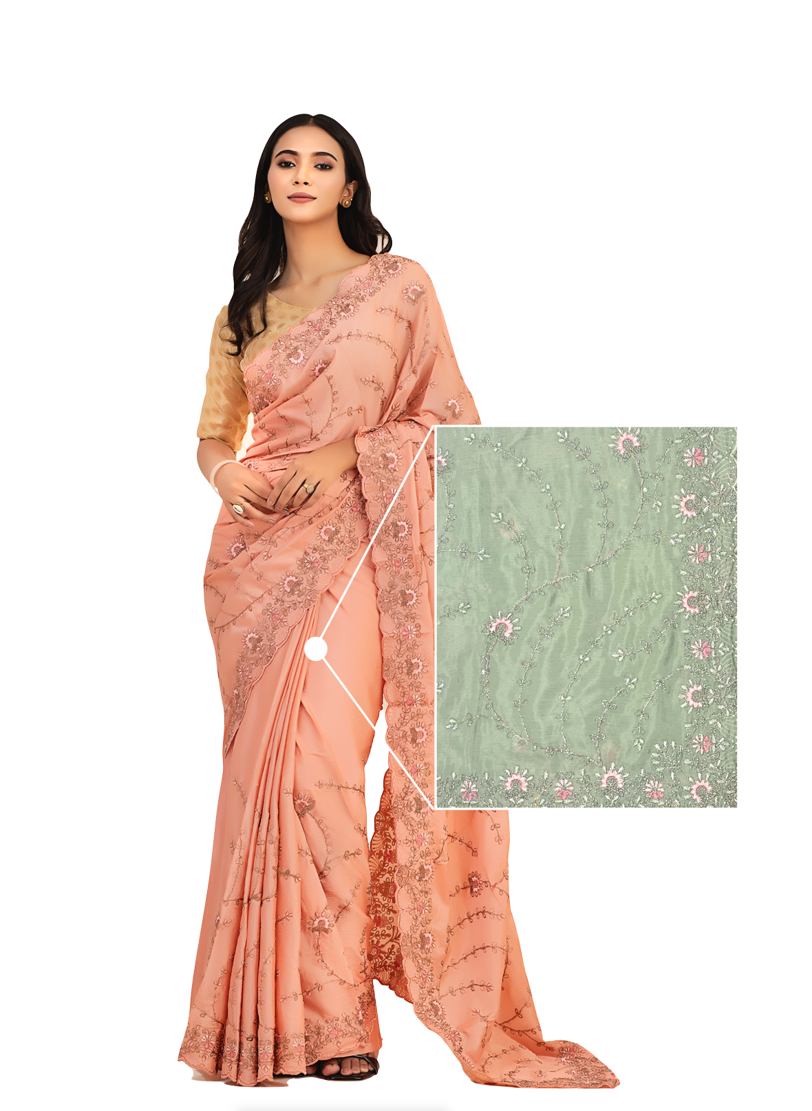 0061 Design Embroidery Silk Saree - Pastel Green