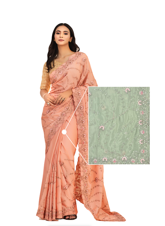 0061 Design Embroidery Silk Saree - Pastel Green