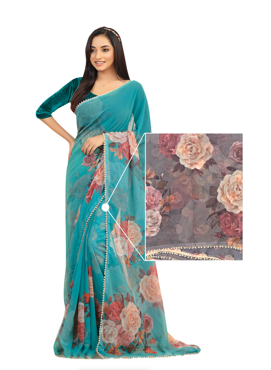 0087 Floral Georgette Saree - Ash