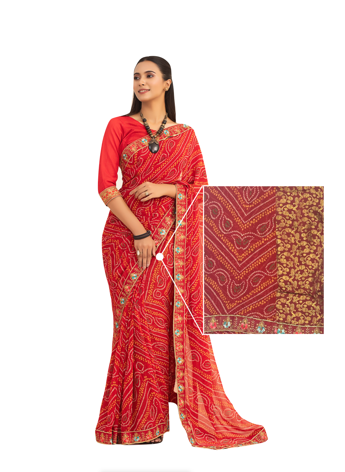 0090 Printed and Embroidered Border Georgette Saree - Red