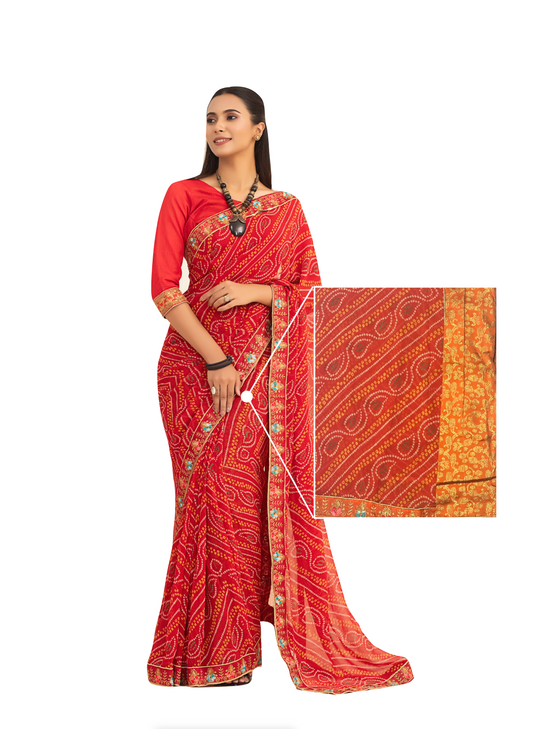 0092 Printed and Embroidered Border Georgette Saree - Tangerine