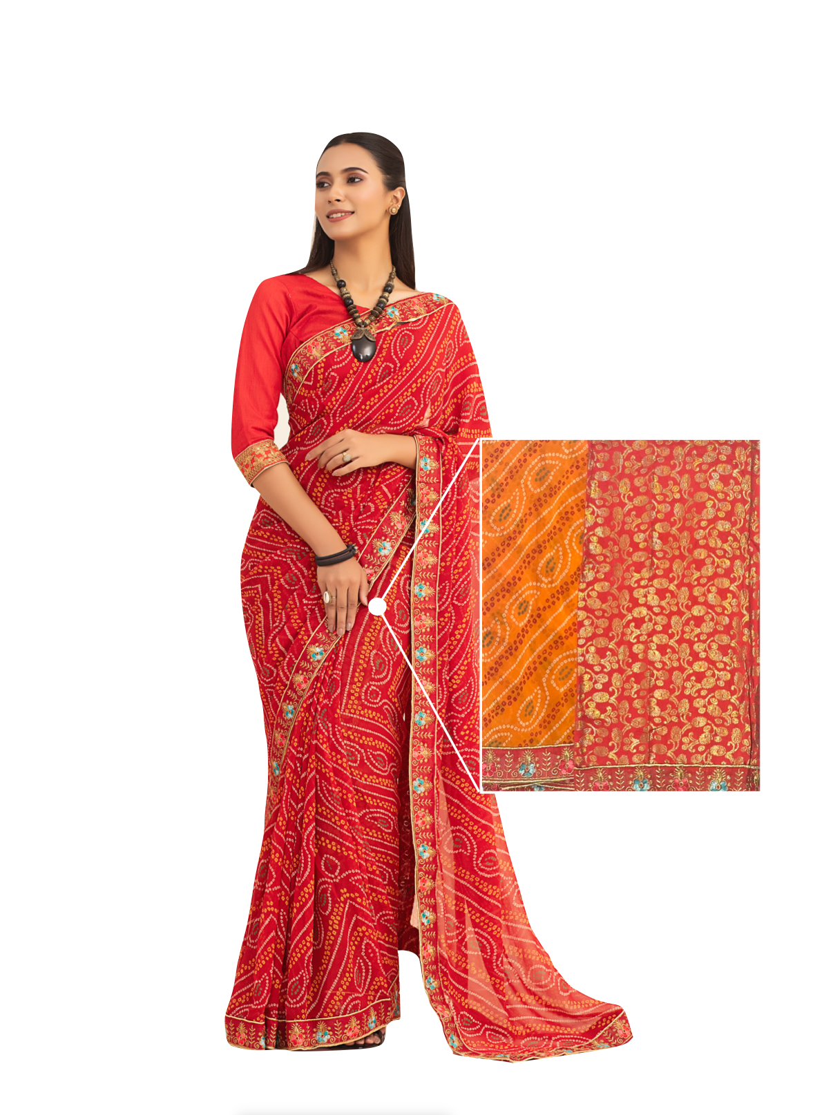 0095 Printed and Embroidered Border Georgette Saree - Orange