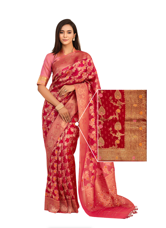 0102 Floral Organza Silk Saree - Deep Red