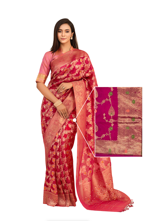 0103 Floral Organza Silk Saree - Rose