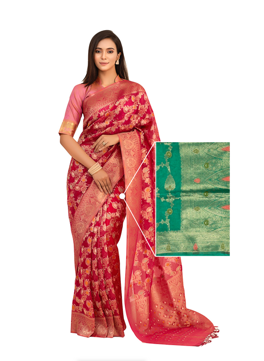 0104 Floral Organza Silk Saree - Green