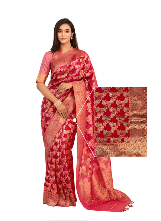 0106 Floral Organza Silk Saree - Maroon