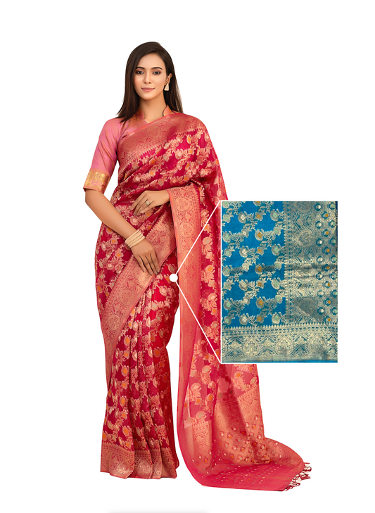 0107 Floral Organza Silk Saree - Blue