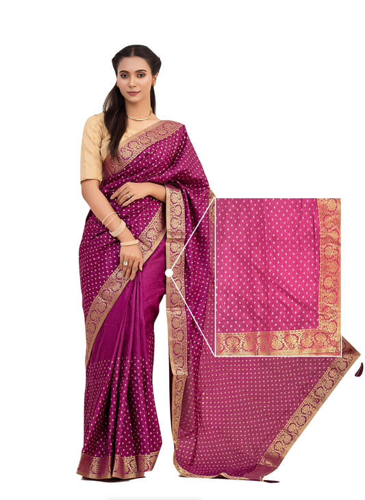 0119 Silk Saree with Golden Border - Pink