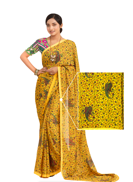 0128 Printed Galva Silk Saree - Yellow