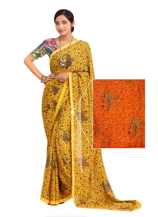 0127 Printed Galva Silk Saree - Orange