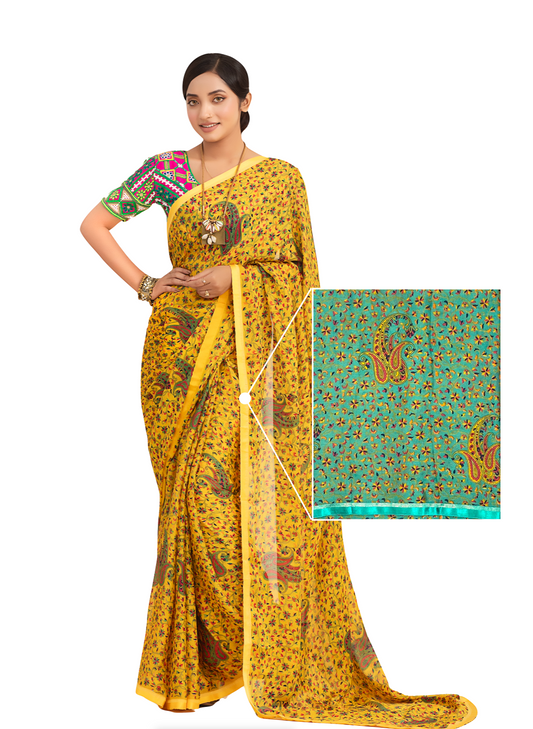 0129 Printed Galva Silk Saree - Pastel Green