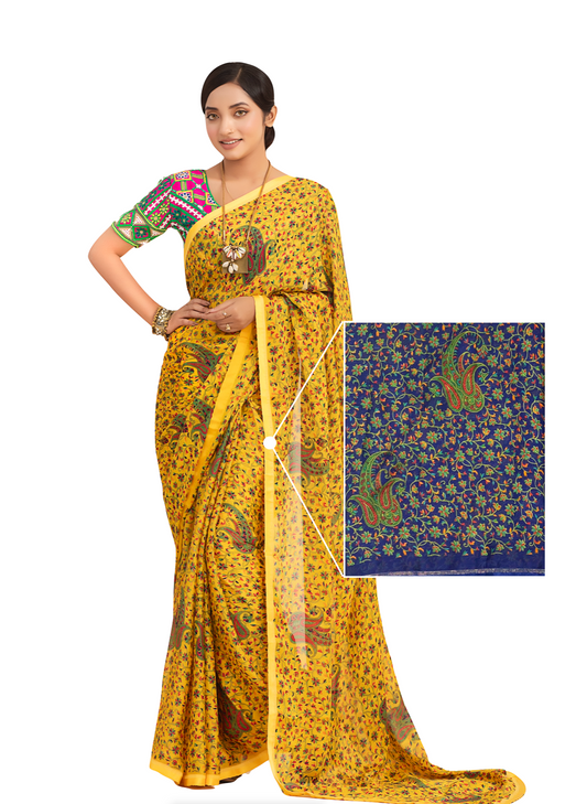 0131 Printed Galva Silk Saree - Navy Blue