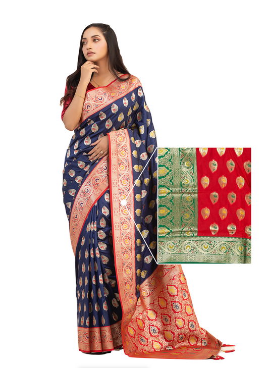 0132 Banarasi Pure Silk Katan Saree - Red and Green