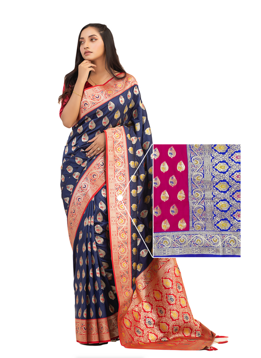 0134 Banarasi Pure Silk Katan Saree - Rose and Blue