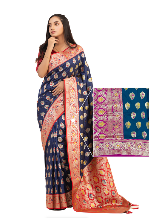 0133 Banarasi Pure Silk Katan Saree - Magenta and Navy Blue