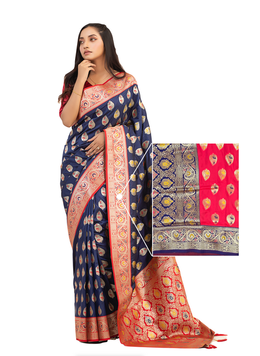 0135 Banarasi Pure Silk Katan Saree - Pink and Navy Blue