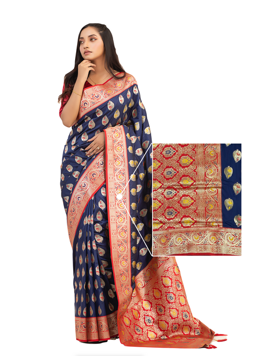 0136 Banarasi Pure Silk Katan Saree - Red and Navy Blue