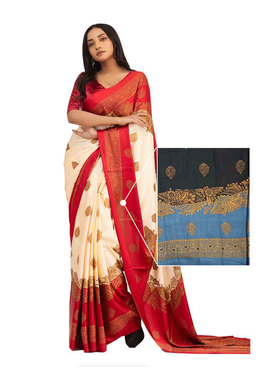 0139 Floral Soft Silk Saree - Black and Blue