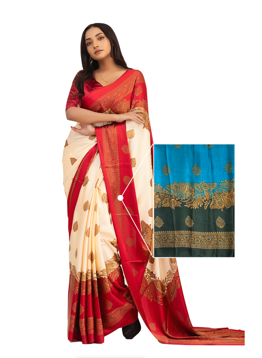 0140 Floral Soft Silk Saree - Turquoise and Dark Green