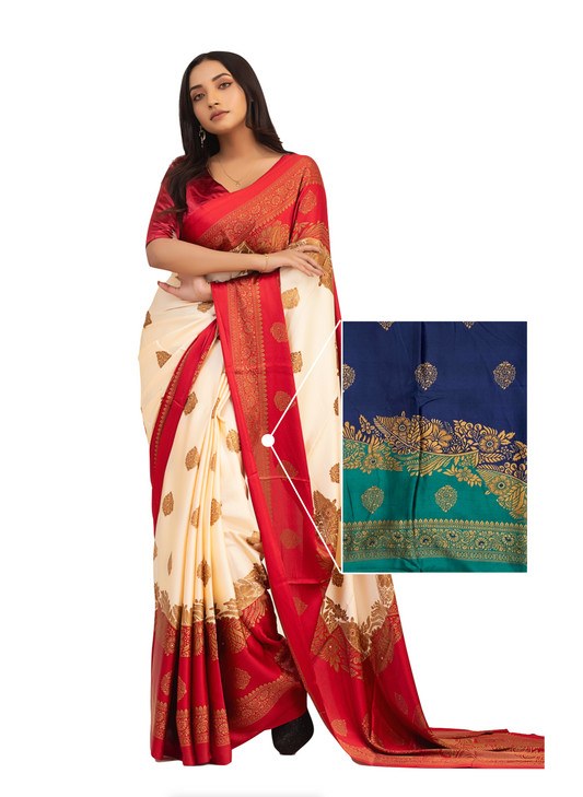 0141 Floral Soft Silk Saree - Navy Blue and Green