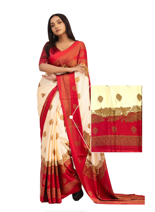 0138 Floral Soft Silk Saree - Cream and Red