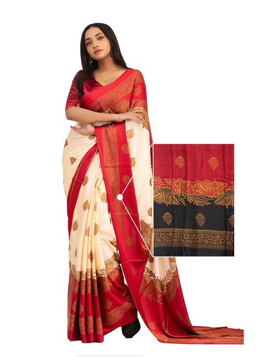 0143 Floral Soft Silk Saree - Black and Red