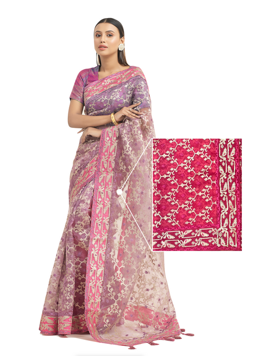 0151 Organza Embroidered Muslin Saree - Rose