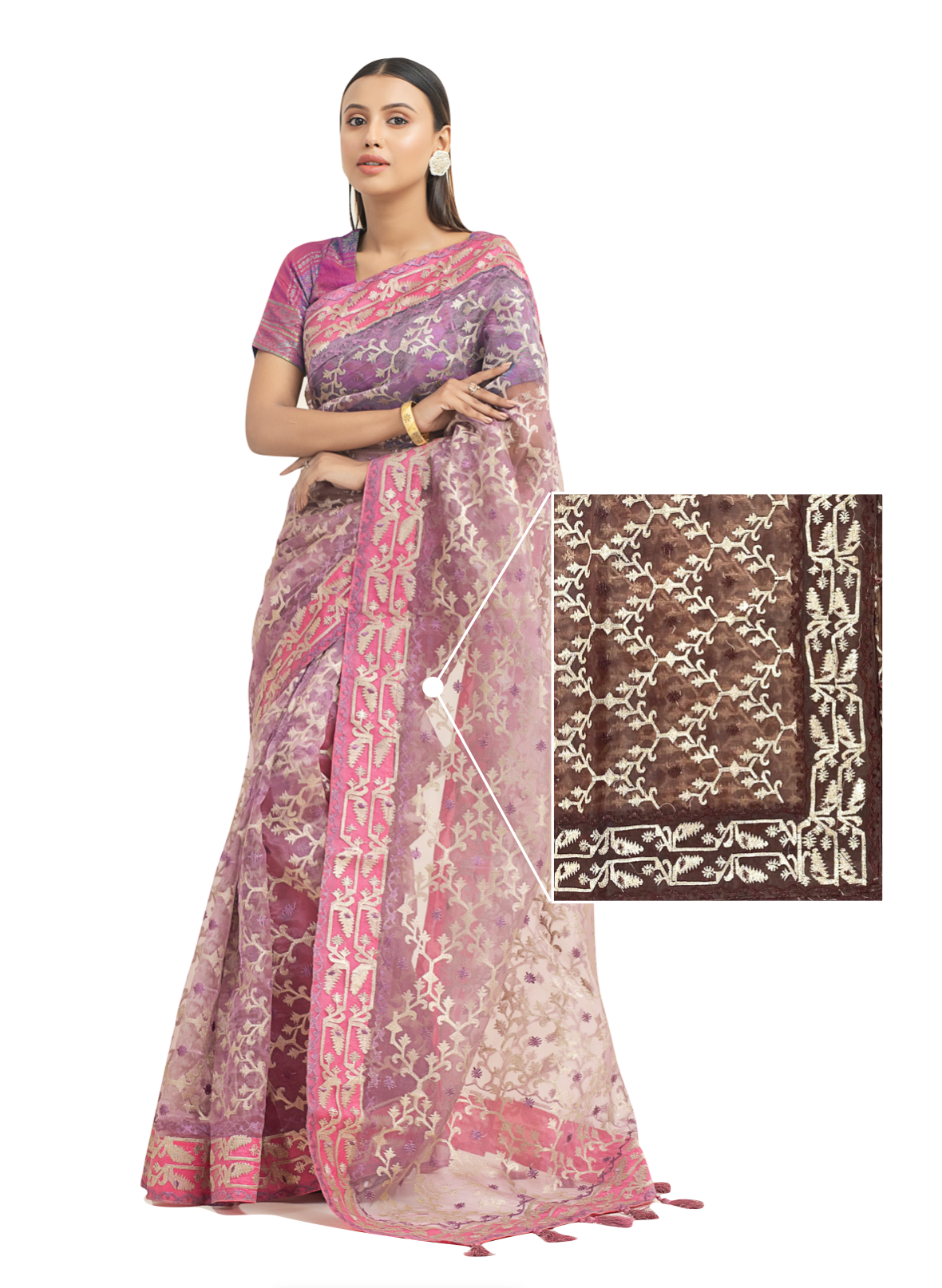 0155 Organza Embroidered Muslin Saree - Brown