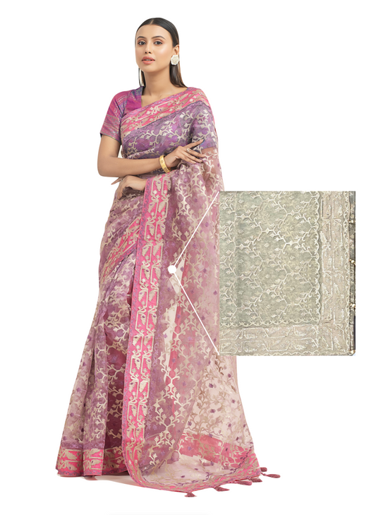 0153 Organza Embroidered Muslin Saree - Beige