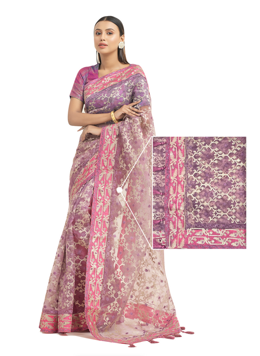 0152 Organza Embroidered Muslin Saree - Pink and Purple