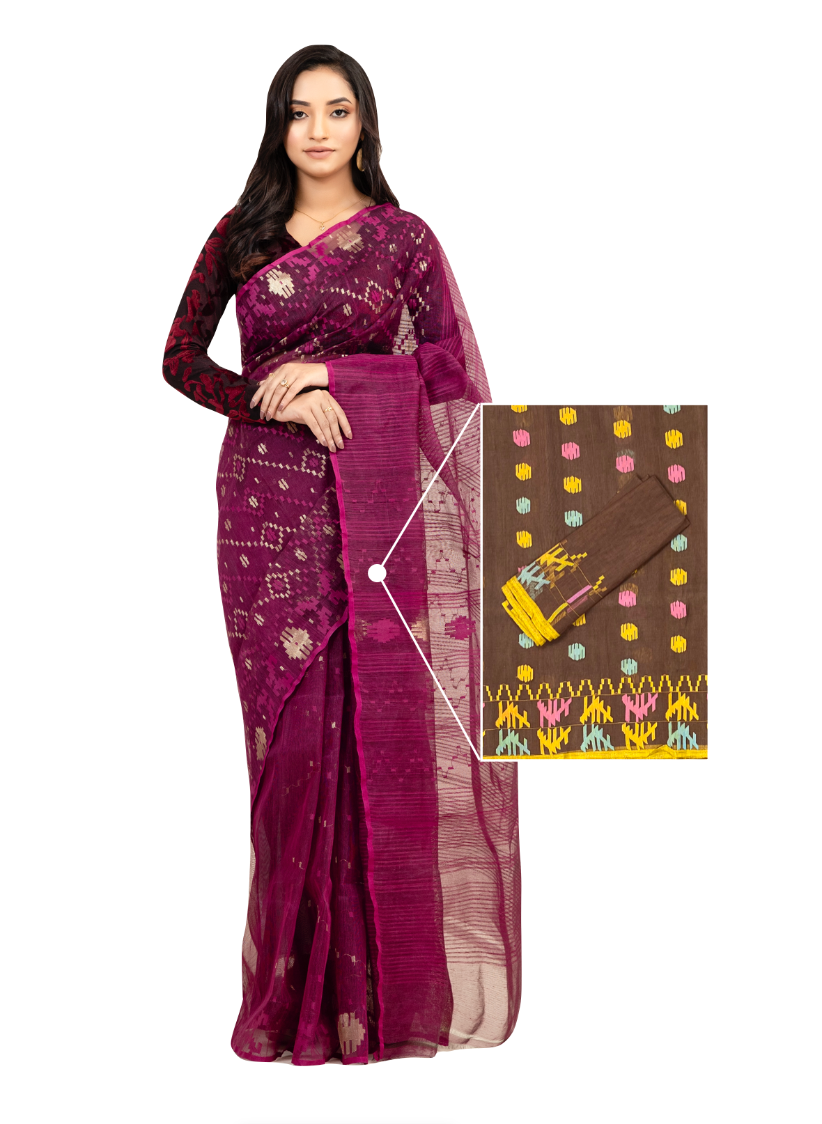 0163 Hand-Loomed Jamdani Saree - Brown