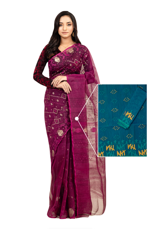 0159 Hand-Loomed Jamdani Saree - Teal