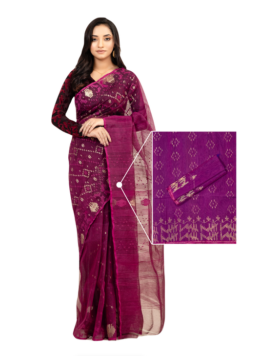 0162 Hand-Loomed Jamdani Saree - Dark Magenta