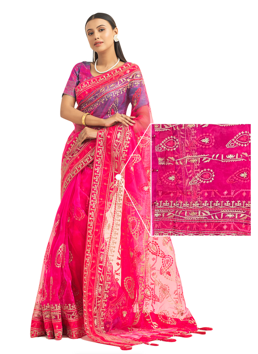 0164 Embroidered Muslin Saree with Silver/Gold Lining - Magenta