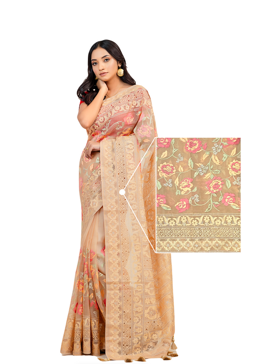 00001Floral Embroidered Muslin Saree - Golden