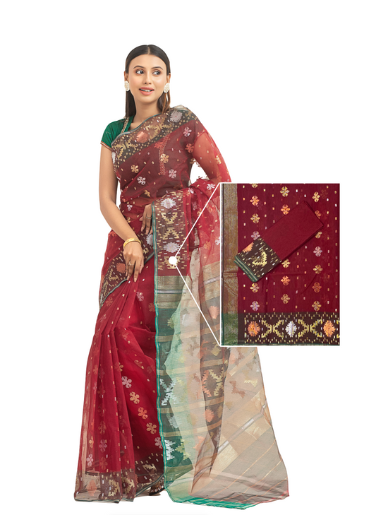 0003 Two-Tone Hand-Loomed Jamdani Saree - Maroon and Green