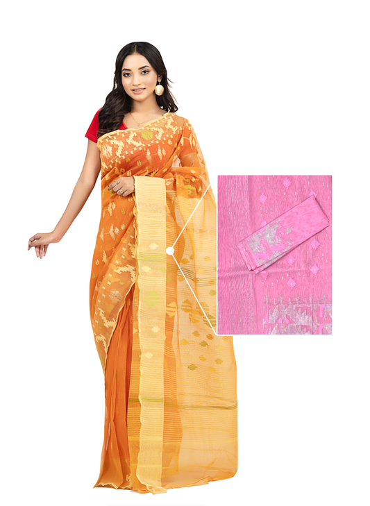 00002Hand-Loomed Jamdani Saree - Bright Pink