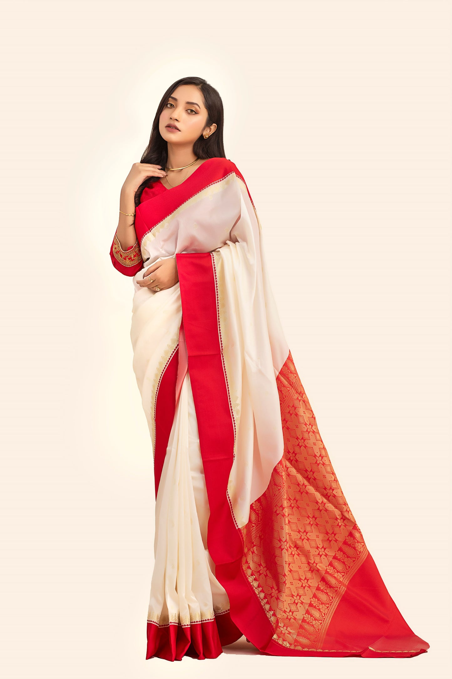 0008 White and Red Katan Silk Saree