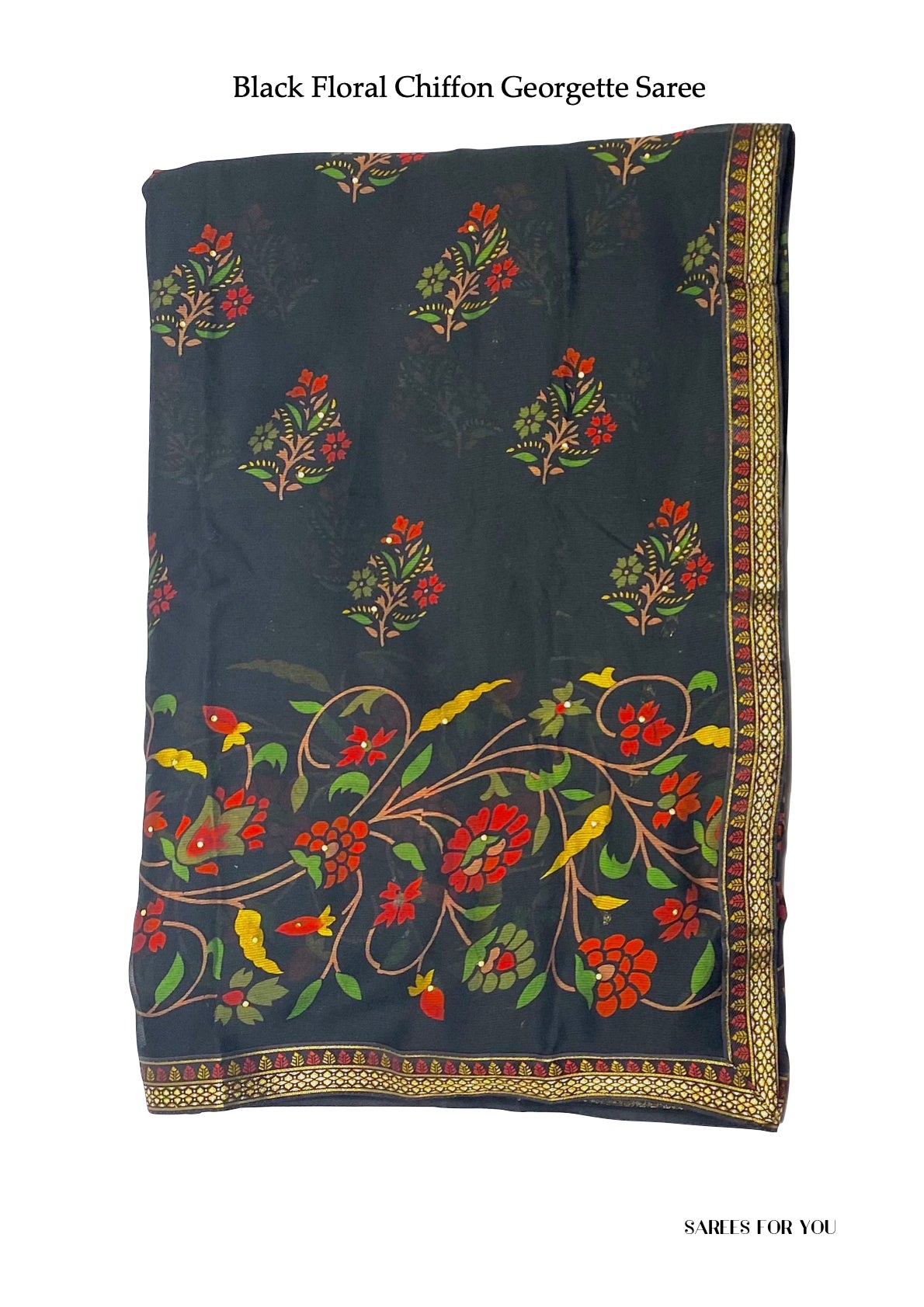 0025 Floral Chiffon Georgette Saree - Black