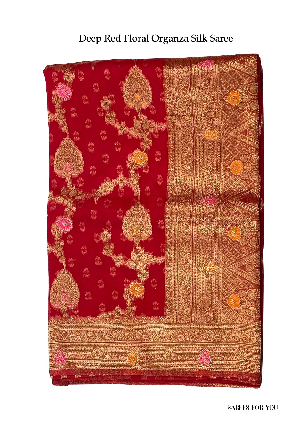 0102 Floral Organza Silk Saree - Deep Red