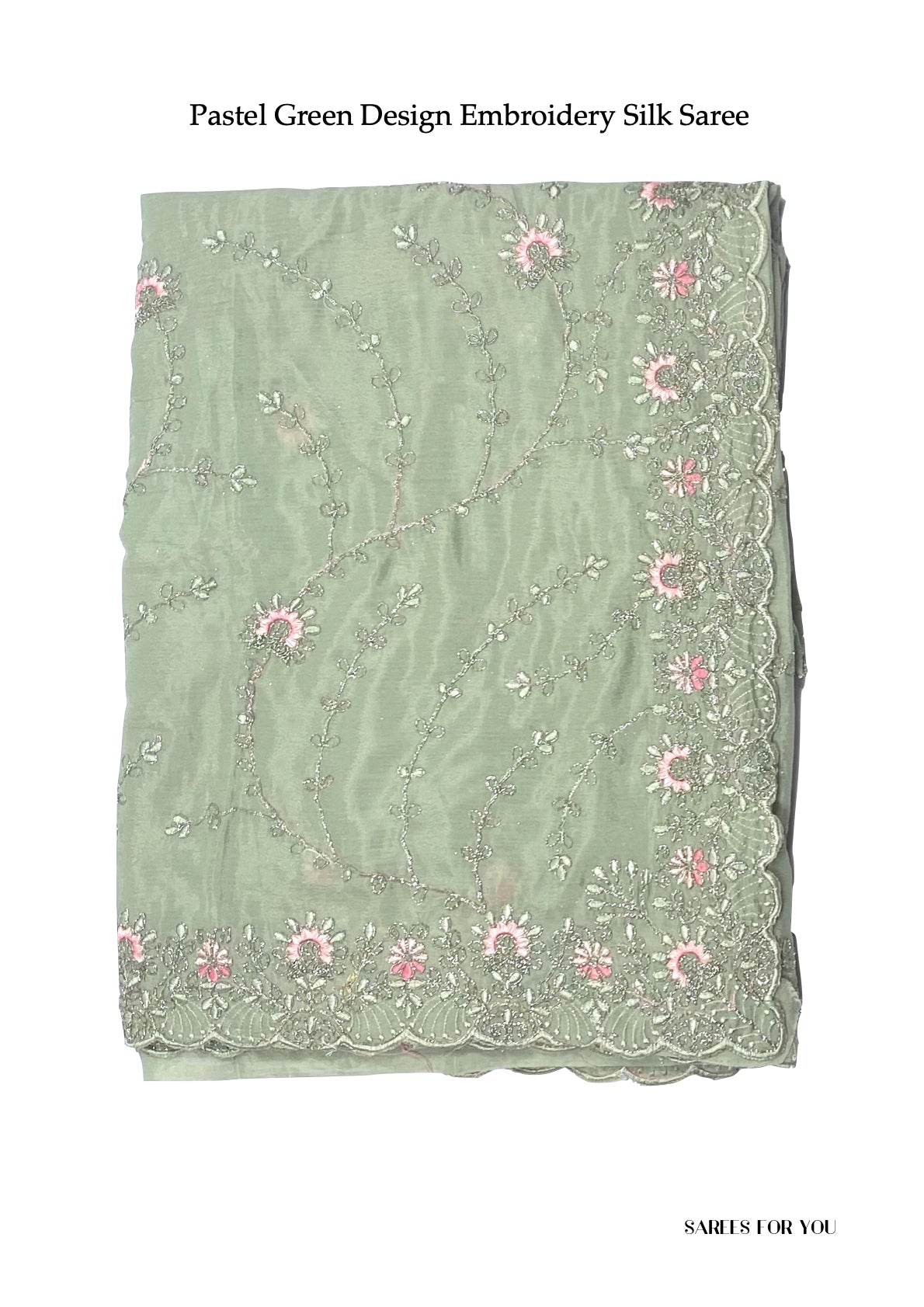 0061 Design Embroidery Silk Saree - Pastel Green