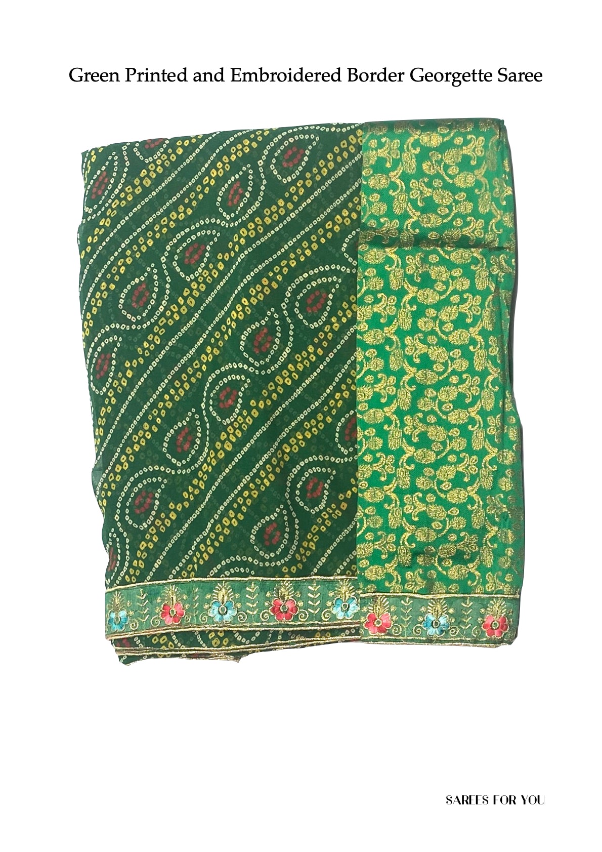 0091 Printed and Embroidered Border Georgette Saree - Green