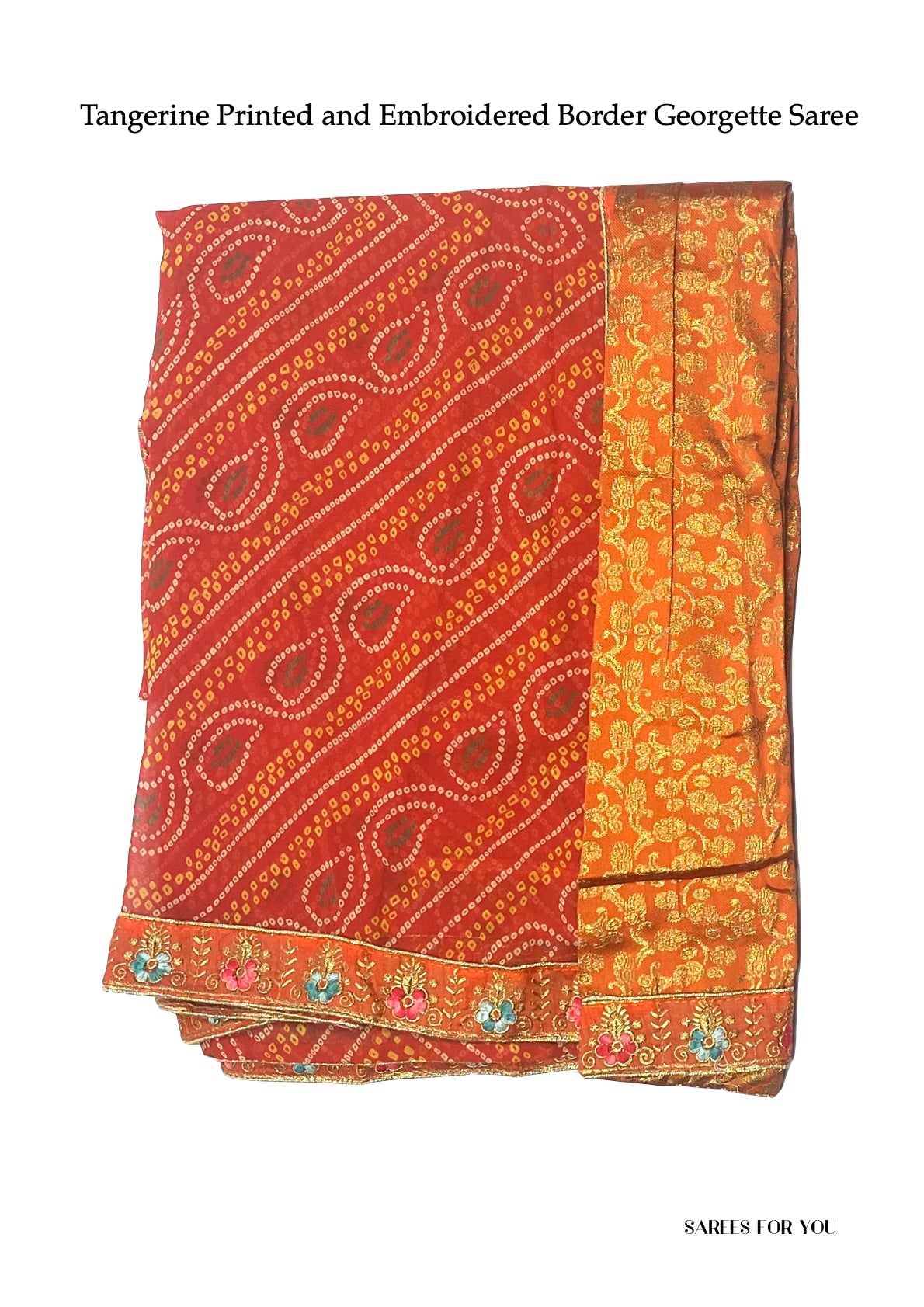 0092 Printed and Embroidered Border Georgette Saree - Tangerine